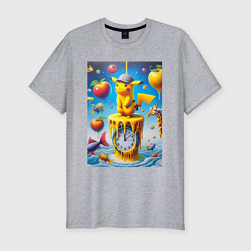 Мужская slim-футболка Funny Pikachu and fishes - surrealism / Меланж – фото 1