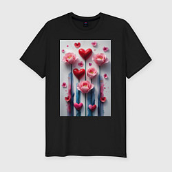 Футболка slim-fit Композиция цветов и сердечек, цвет: черный