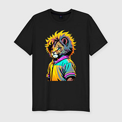 Футболка slim-fit Прикольный львёнок - поп-арт, цвет: черный