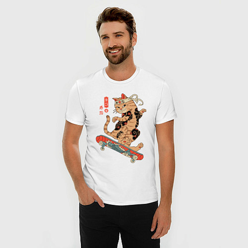 Мужская slim-футболка Кот самурай - скейтбордист / Белый – фото 3