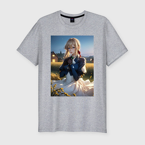 Мужская slim-футболка Вайолет Эвергарден на лугу / Меланж – фото 1