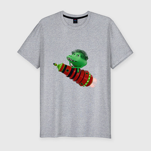 Мужская slim-футболка Зеленый монстр на красной ракете / Меланж – фото 1