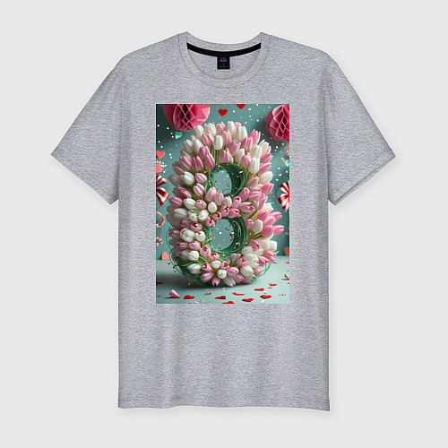 Мужская slim-футболка Тюльпаны к 8 марта / Меланж – фото 1