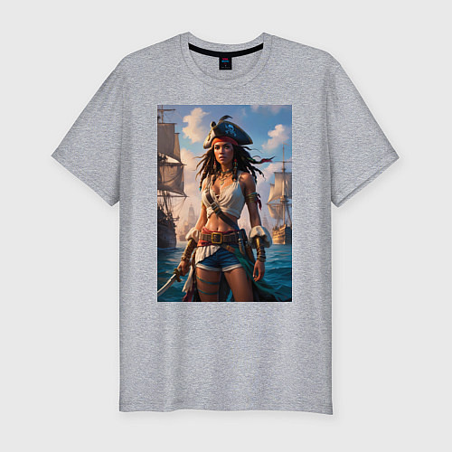 Мужская slim-футболка Пиратка на фона флотилии кораблей / Меланж – фото 1