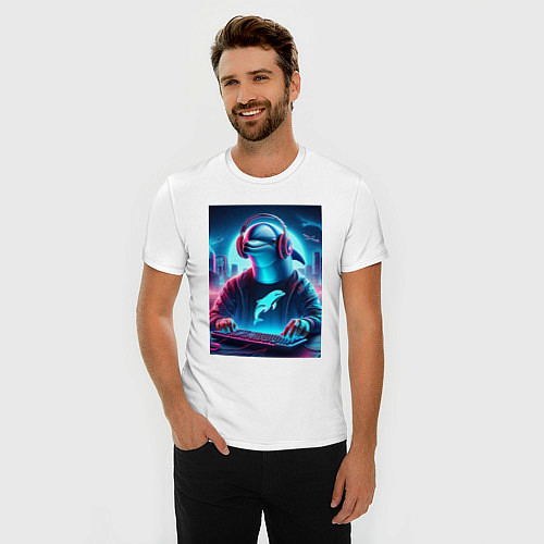 Мужская slim-футболка Dolphin is esports player - ai art fantasy / Белый – фото 3