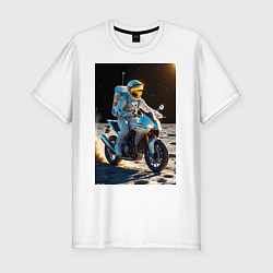Футболка slim-fit Космонавт ездит на мотоцикле по Луне, цвет: белый