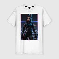Футболка slim-fit Девушка с кошачьими ушами стоит на фоне небоскребо, цвет: белый