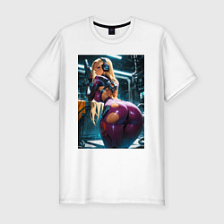 Футболка slim-fit Девушка с оружием в киберпанк стиле, цвет: белый