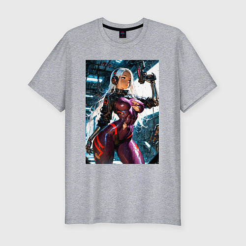 Мужская slim-футболка Девушка с оружием в киберпанк стиле / Меланж – фото 1
