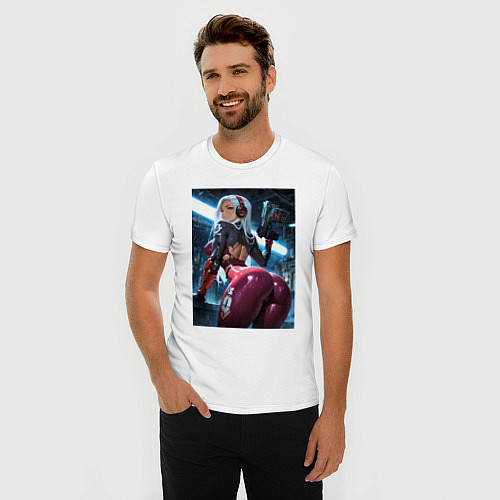 Мужская slim-футболка Девушка с оружием в киберпанк стиле / Белый – фото 3