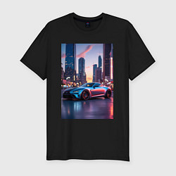 Футболка slim-fit Суперкар на фоне небоскребов, цвет: черный