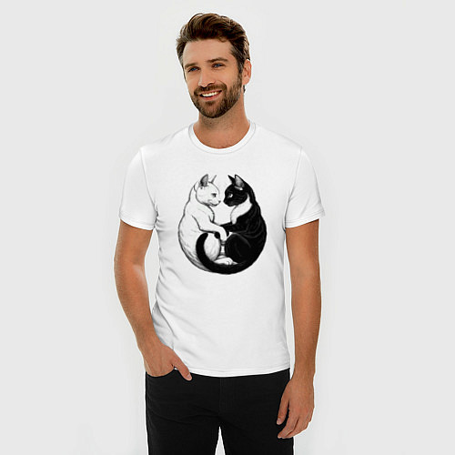 Мужская slim-футболка Кот и кошка инь и ян / Белый – фото 3