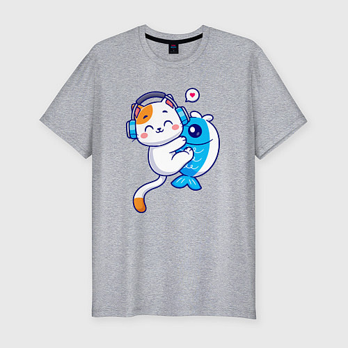 Мужская slim-футболка Котик и рыба / Меланж – фото 1