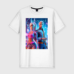 Футболка slim-fit Cyberpunk - Barbie and Ken ai art, цвет: белый