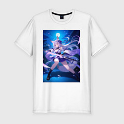 Футболка slim-fit Лисица с катаной на фоне Луны, цвет: белый