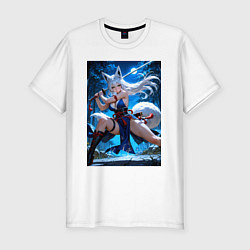 Футболка slim-fit Лисица с катаной на фоне Луны, цвет: белый