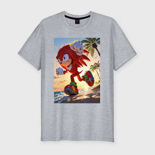 Мужская slim-футболка Ехидна Наклз бежит по пляжу с пальмами / Меланж – фото 1