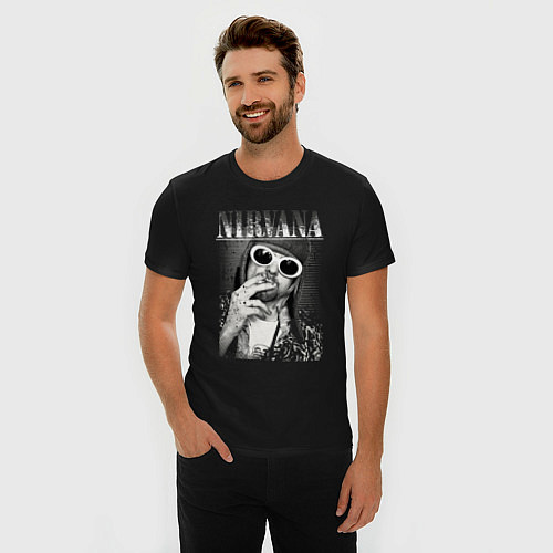 Мужская slim-футболка Нирвана кобейн в очках / Черный – фото 3