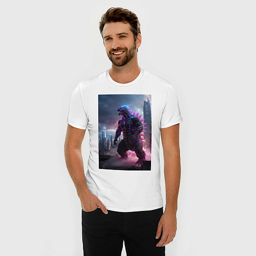 Мужская slim-футболка Годзилла посреди мегаполиса / Белый – фото 3