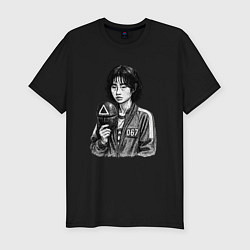 Футболка slim-fit Игра в кальмара игрок 067 с маской, цвет: черный