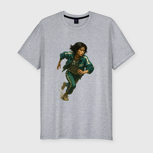 Мужская slim-футболка Игра в кальмара - игрок 067 в беге / Меланж – фото 1