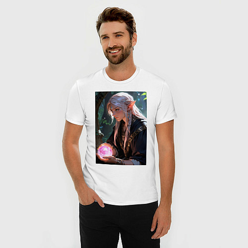 Мужская slim-футболка Серьёзная эльфийка с магической сферой / Белый – фото 3