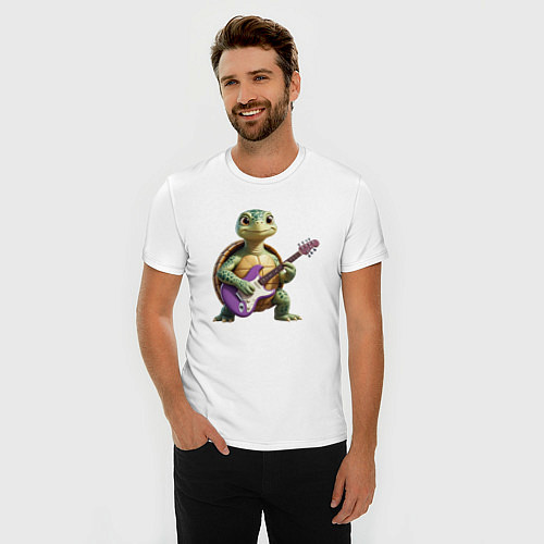 Мужская slim-футболка Милая черепаха играющая на гитаре / Белый – фото 3