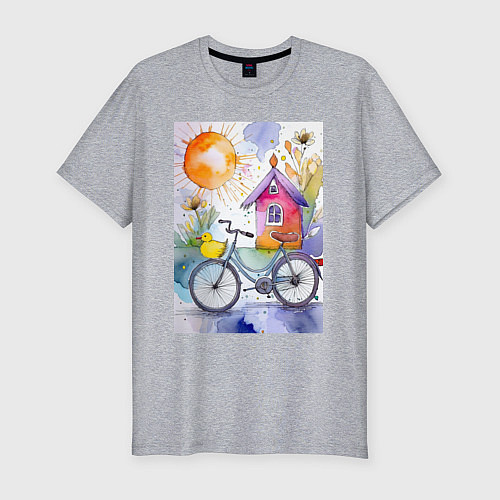 Мужская slim-футболка Утенок на велосипеде - акварель / Меланж – фото 1
