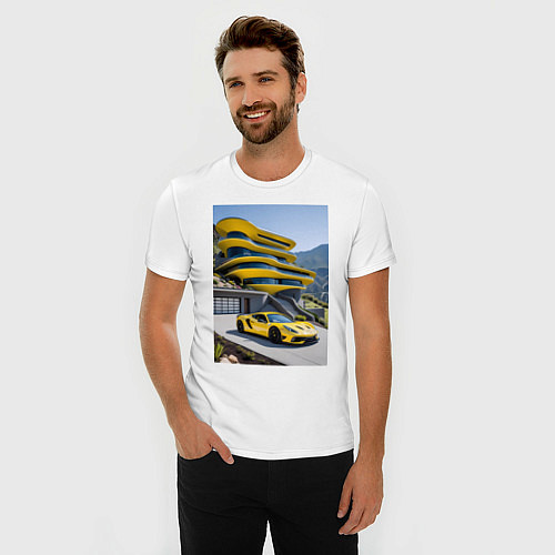 Мужская slim-футболка Желтый суперкар у дома / Белый – фото 3
