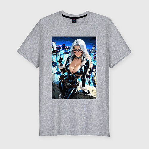 Мужская slim-футболка Черная кошка с брилиантом на крыше здания / Меланж – фото 1