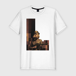 Футболка slim-fit Женщина с автоматом ретрофутуризм поп-арт 1970-е, цвет: белый