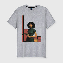 Футболка slim-fit Ретрофутуризм девушка с бластером поп-арт 1970-е, цвет: меланж