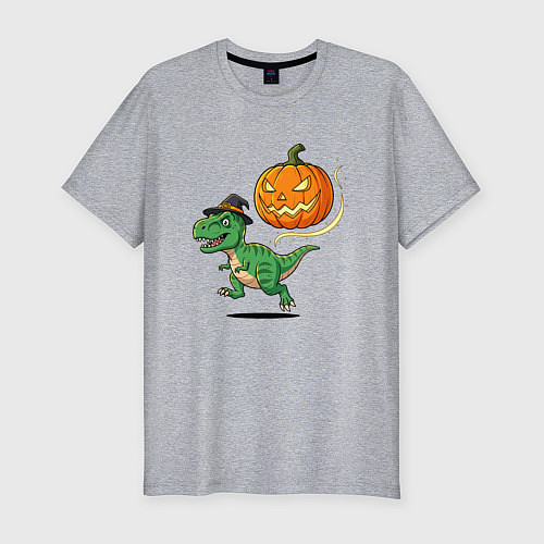 Мужская slim-футболка Динозавр волшебник и тыква / Меланж – фото 1