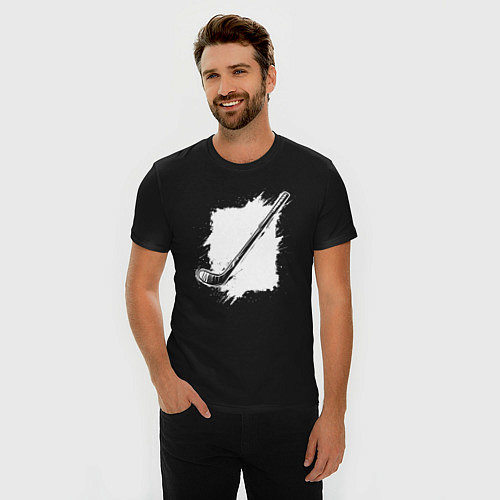 Мужская slim-футболка Хоккейная клюшка в квадрате / Черный – фото 3