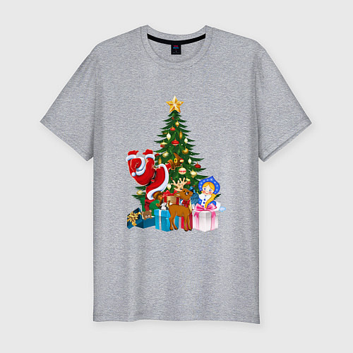 Мужская slim-футболка Санта Клаус и снегурочка радуются новому году / Меланж – фото 1