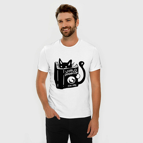 Мужская slim-футболка Кот с книгой / Белый – фото 3