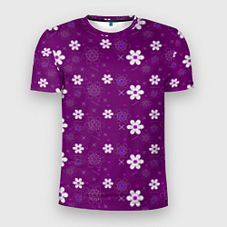 Мужская спорт-футболка Узор цветы на фиолетовом фоне
