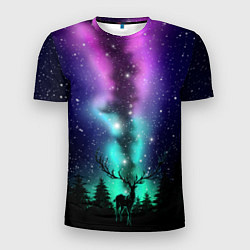Футболка спортивная мужская Силуэт оленя северное сияние, цвет: 3D-принт