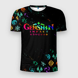 Футболка спортивная мужская GENSHIN IMPACT NEON LOGO RAINBOW STYLE, ЭМБЛЕМЫ, цвет: 3D-принт