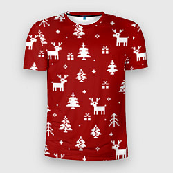 Мужская спорт-футболка Новогодние олени и елки на красном фоне