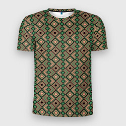 Мужская спорт-футболка Абстракция из черных, зеленых и бежевых квадратов