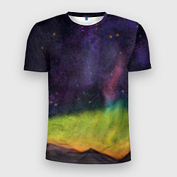 Мужская спорт-футболка Горный пейзаж со звёздным небом и северным сиянием