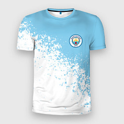 Мужская спорт-футболка Manchester city белые брызги на голубом фоне