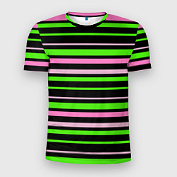 Футболка спортивная мужская Полосаты узор в зелено-розовых оттенках на черном, цвет: 3D-принт