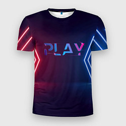 Футболка спортивная мужская Play неоновые буквы и красно синие полосы, цвет: 3D-принт