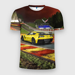 Футболка спортивная мужская Chevrolet Corvette на гоночной трассе, цвет: 3D-принт