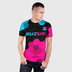 Футболка спортивная мужская Suzuki - neon gradient: символ сверху, цвет: 3D-принт — фото 2