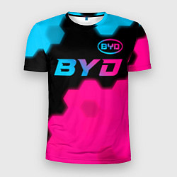 Футболка спортивная мужская BYD - neon gradient: символ сверху, цвет: 3D-принт