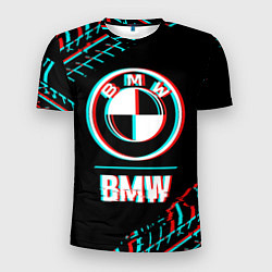 Футболка спортивная мужская Значок BMW в стиле glitch на темном фоне, цвет: 3D-принт