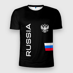 Мужская спорт-футболка Россия и три линии на черном фоне